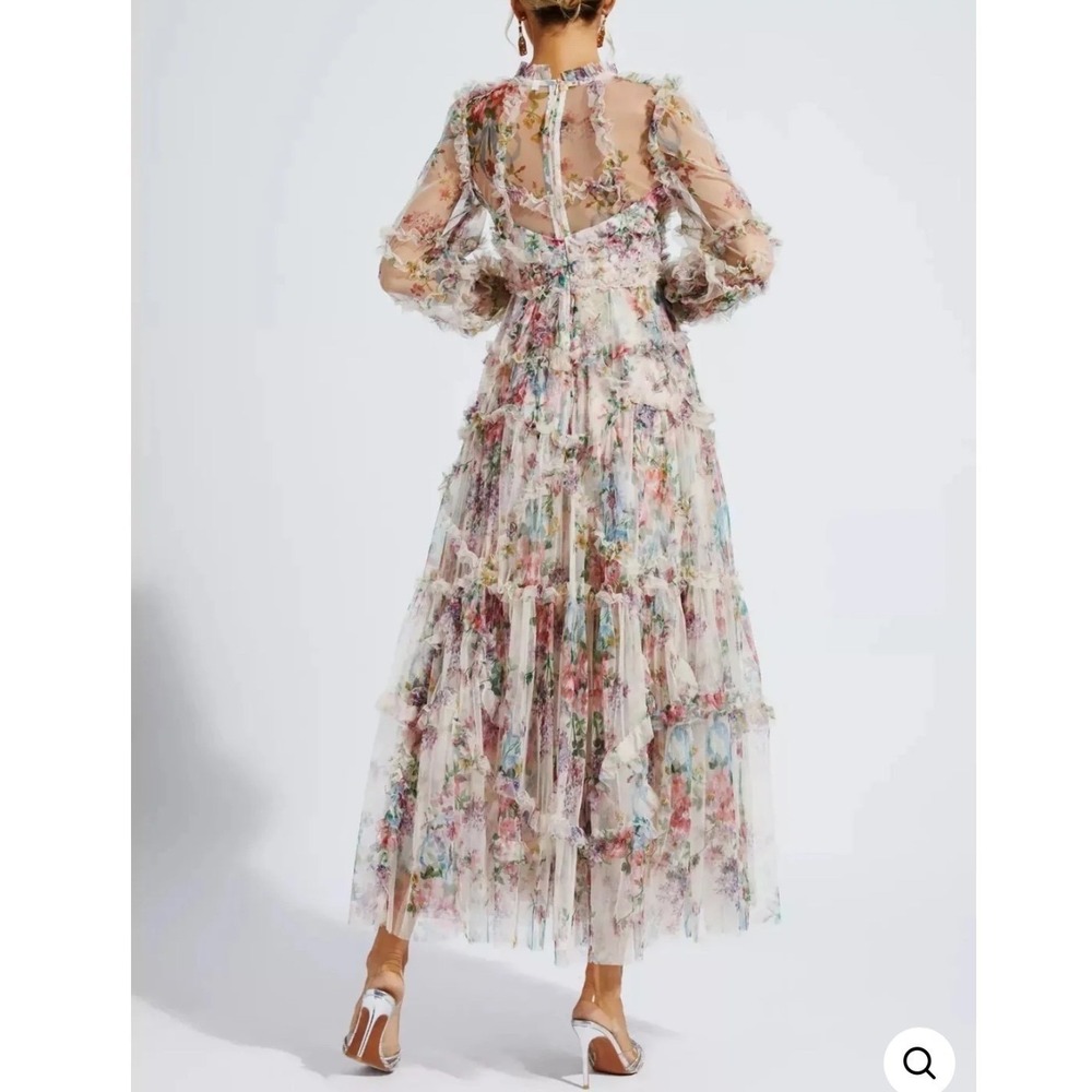Catchall Floral Mesh Maxi Dress Womens XL New Tiered Ruffle Sheer Sleeve 0153 - Picture 2 of 10